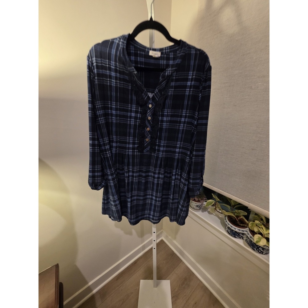Women's Blue And Black Plaid Westport Tunic 2X Cottage Boho